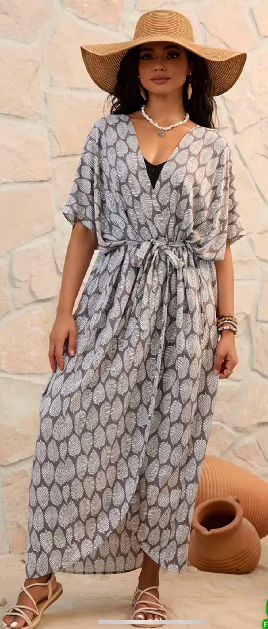 Grey Leaf Printed Kimono Cover-Up- Free Size