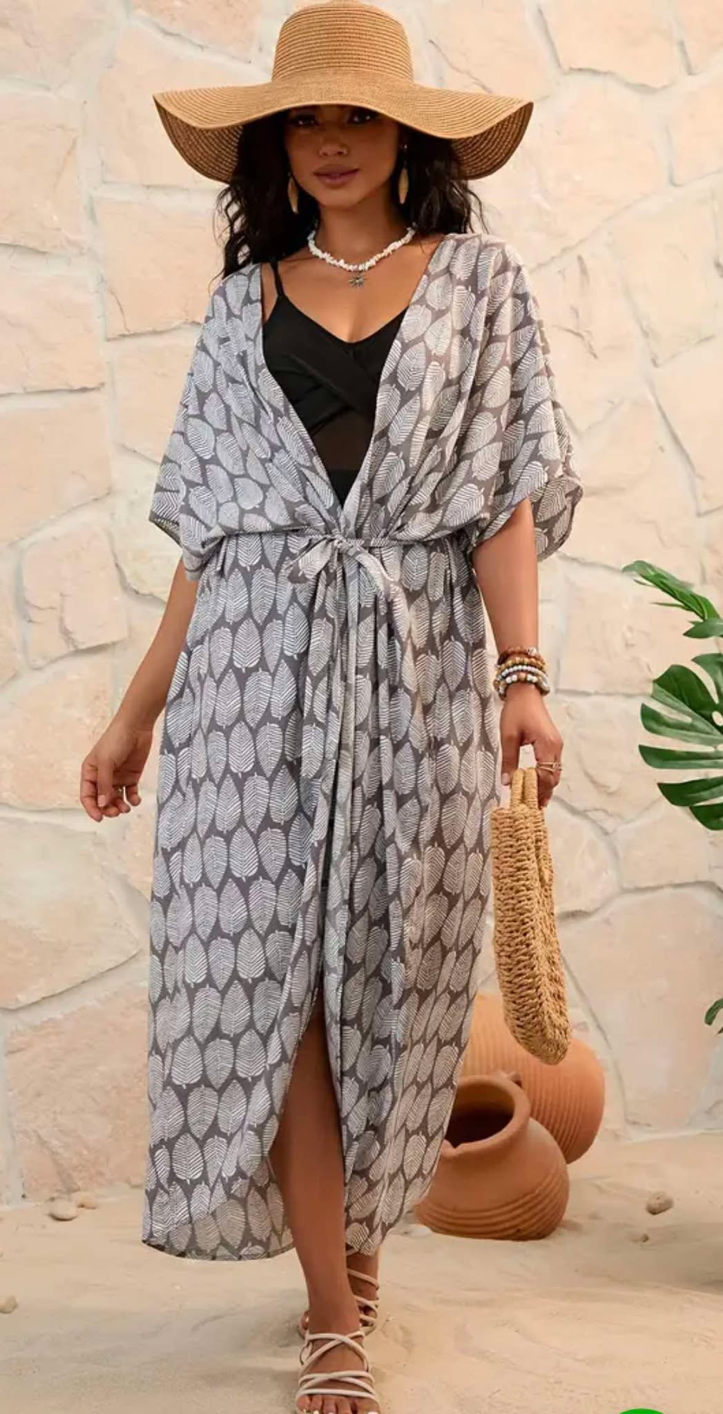 Grey Leaf Printed Kimono Cover-Up- Free Size