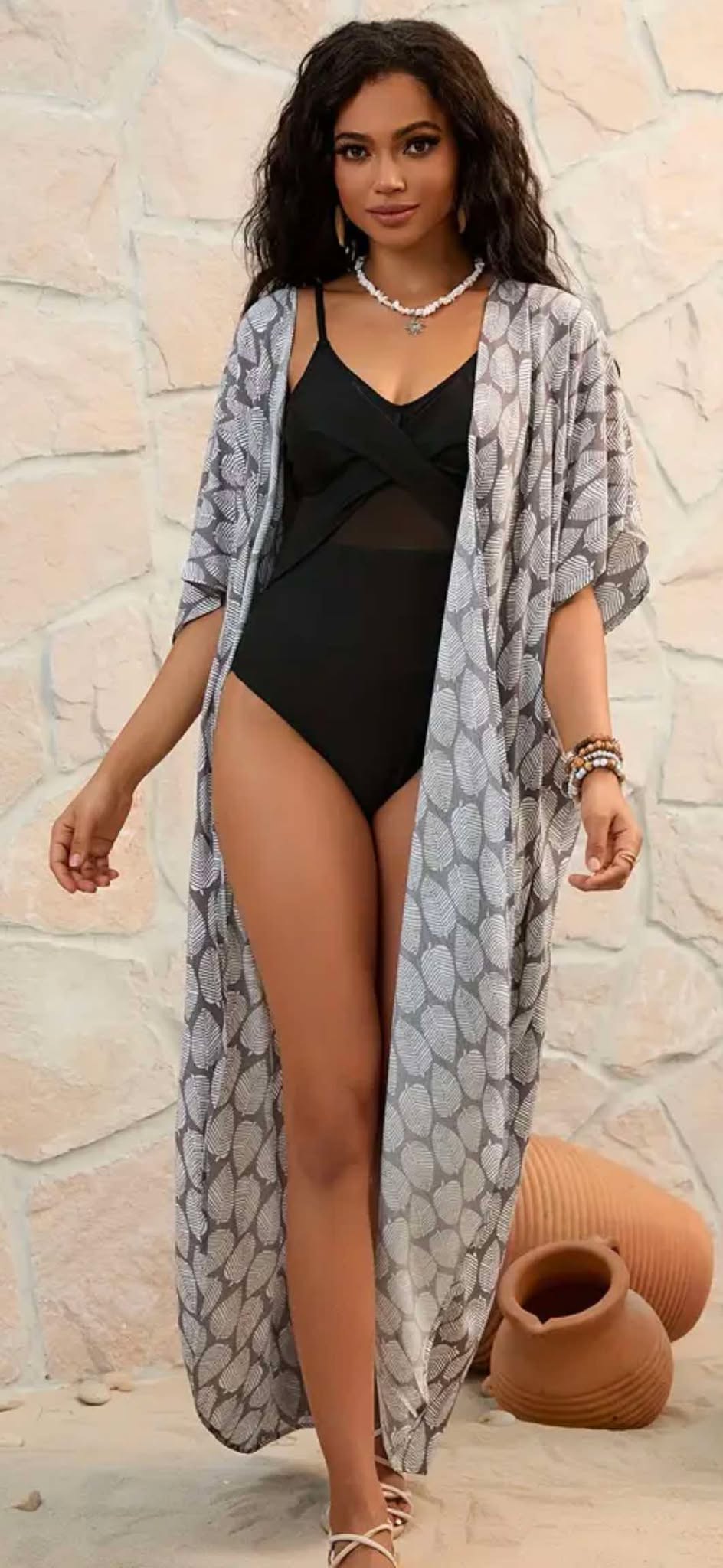 Grey Leaf Printed Kimono Cover-Up- Free Size