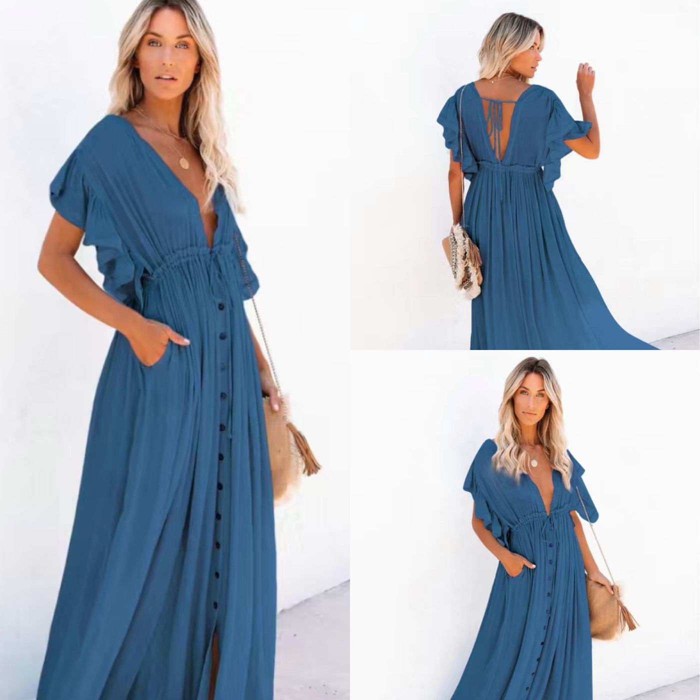 Boho Dress- Free size - Denim Blue